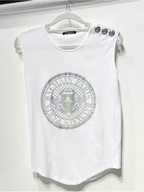 🚩steal Balmain White Cotton Logo Tag Tee